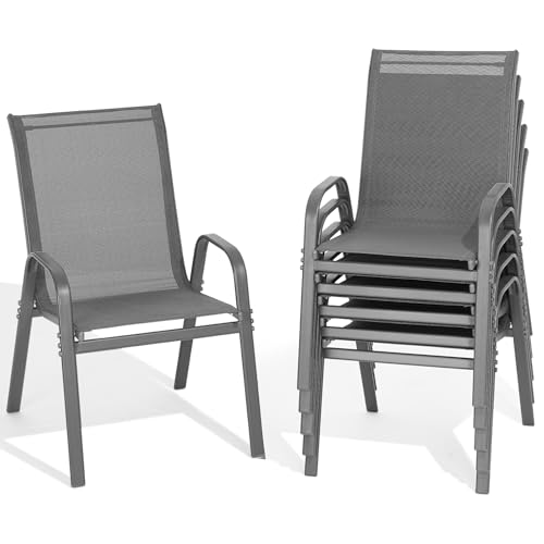 Dovov Patio Chairs Set of 6, All Weather Breathable Stackable Outdoor Dining Chairs with High Back and Wide Seat, Easily Set Up Outdoor Chairs Set of 6 with Metal Frame for Backyard Garden Pool, Grey