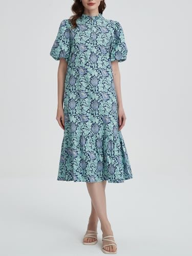 Image of Summer Floral Midi Dress for Women Spring Puff Short Sleeve Button Down Flowy Boho Dresses
