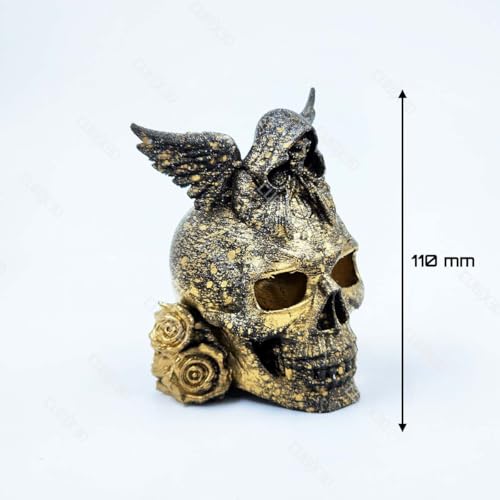 Image of Gothic Skull Showpiece with Angel & Roses | 3D Printed Golden Black Figurine | Halloween Decoration, Horror Collectible & Gothic Home Decor - 11 cm