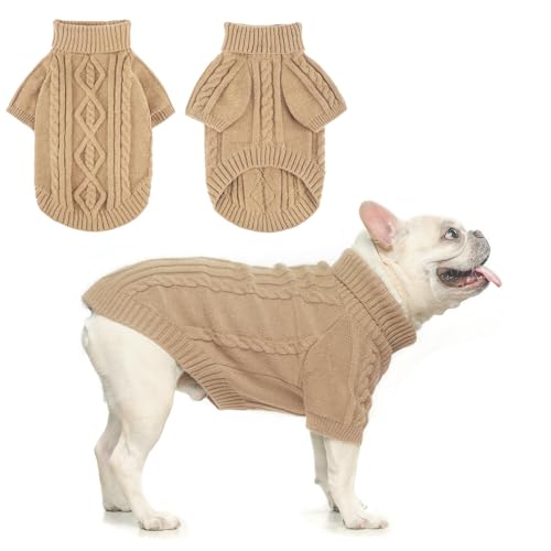 Image of BEAUTYZOO Dog Sweater for Small Medium Dogs, Knit Clothes with Harness Hole | Turtleneck Pullover Fall Winter Knitwear, Fuzzy Fleece Cold Weather Coat for Girl Boy Puppy, Warm Pet Sweatshirt, Beige SM