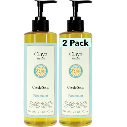 Image of Claya Peppermint Liquid Castile Soap with Organic Ingredients, Biodegradable, Refreshing and Cooling, Gentle for Sensitive Skin and Multi-Purpose (2 Pack of 16 fl oz Pump Cap)