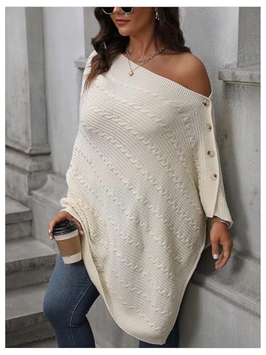 MakeMeChic Women's Plus Size Cable Knit Poncho Sweater Asymmetrical Neck Button Pullover Tops2