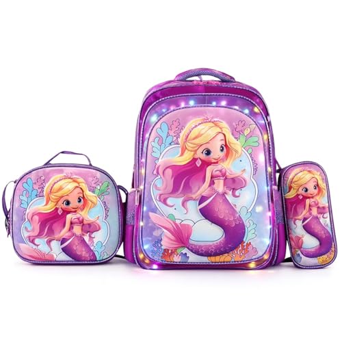 Kit Mochila Infantil LED com Lancheira e Estojo Gata, 3 Compartimentos, Alças Ajustáveis, Ideal para Escola(Sereia 1)