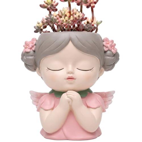 Image of Angel Planter Pink Cute Succulent Pot, Decorative Girl Face Resin Planter with Flower Holder, Vintage Indoor Outdoor Plant Pot for Home Garden Office Desk Decoration Gift