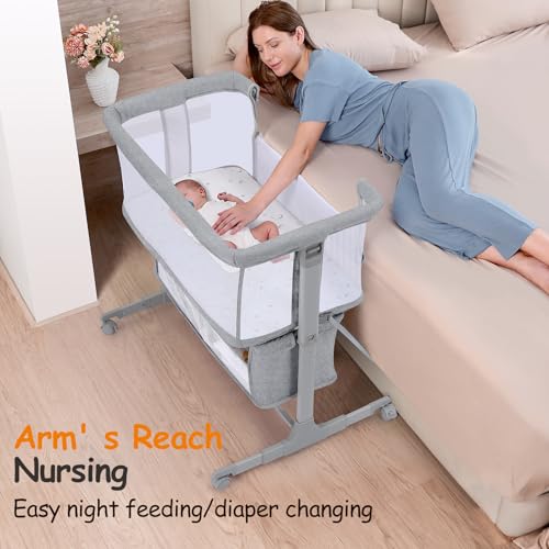 Growaystory Beistellbett Baby Bettseitiger Bassinet für Neugeborene Tragbarer Baby Bett mit Rädern Aufbewahrungskorb Matratze 7-Fach Höhenverstellbar Zustellbett (Hellgrau)