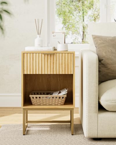 Image of Masupu Fluted Nightstand,Modern Night Stand Wood Bedside Table with Storage Drawer Side End Table for Bedroom,Office,Oak