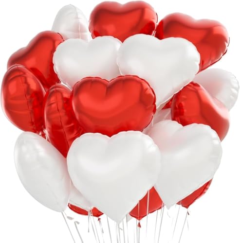 AMFIN (Pack of 5) 18 Inch Heart Foil Balloons - Red & White