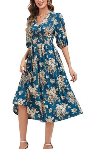 Image of Kormei Women Casual Boho V Neck 3 /4 Sleeve Smocked Waist A Line Flowy Swing Midi Dress Smocked Long Dress