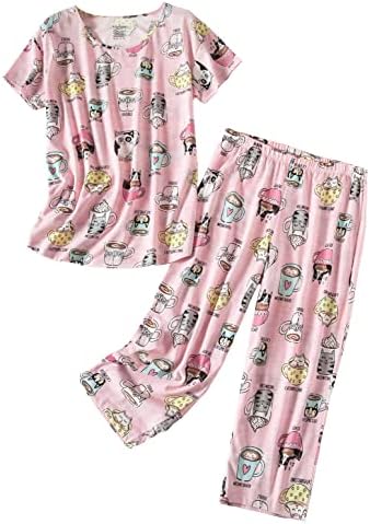 PNAEONG Women’s Pajama Set - Sleepwear Tops with Capri Pants Casual and Fun Prints Pajama Sets SY215-Cup Cats-L