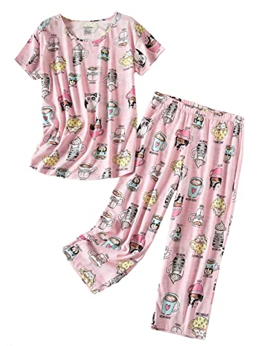 Pnaeong Women’s Pajama Set - Sleepwear Tops With Capri Pants Casual And Fun Prints Pajama Sets Sy215-Cup Cats-L #TOP15