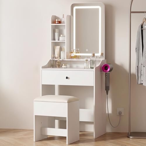 DUMOS Small Makeup Vanity Desk with LED Mirror and Storage Bench, White