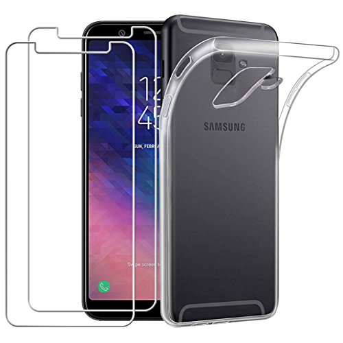 Yoowei Cover per Samsung Galaxy A6 2018 Trasparente + [2-Pack Pellicola Protettiva in Vetro Temperato], Molle di TPU Silicone Ultra Sottile Anti-Scratch Custodia per Samsung A6 2018