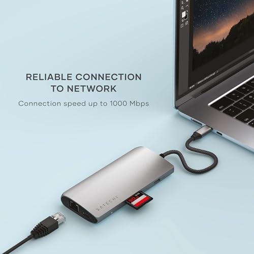 SATECHI 8 in 1 USB C Hub Adattatore Multiporta V3, HDMI 8K@60Hz, Ricarica da 100W, 4 Porte Dati USB, Ethernet, Lettore di Schede SD per Laptop, MacBook Air e Pro M5 M4, iPad, Windows - Grigio Siderale - Hub USB - Immagine 5