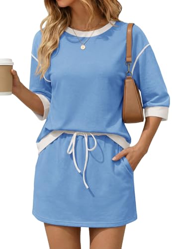 Image of Tankaneo Womens 2 Piece Skirt Sets 3 /4 Sleeve Sweatshirt Lounge Sets | Skort Sets, Color Block, Summer Casual, Matching Sets, Trendy Outfits
