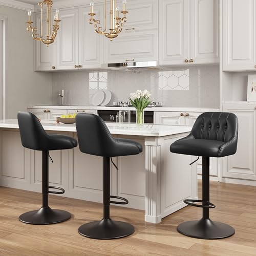 Butaco regulable giratorio MALOL, set de 3 unidades, tapizado en cuero sintético, altura ajustable, con respaldo y reposapiés, para isla de cocina, bar en casa y comedor, color negro miniatura 6
