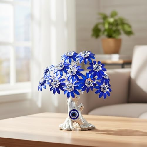 Image of eCraftIndia Tree of Life Bonsai Evil Eye Tree Showpiece (Silver & Blue) Feng Shui Items for Good Luck Positive Energy Vastu Shelf Living Room Home Decor Gift for Housewarming