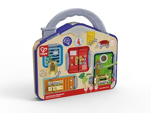 Hape Spiele-Tafel Schloss und Schlüssel - Motorikbrett aus Holz mit Schlössern und Schlüsseln, Lernspielzeug für Kinder, Montessori Spielzeug, fördert Feinmotorik und Logik, für Kinder ab 3 Jahren
