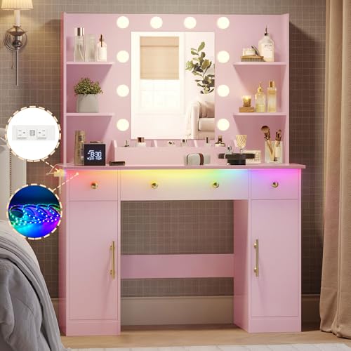 Image of Wodeer Makeup Vanity Desk with Mirror and Lights, 43 inch Pink Vanity Set with 3 Drawers, Power Outlet & Adjustable RGB LED Lights, Dressing Table with Storage Shelf for Women & Girls Bedroom
