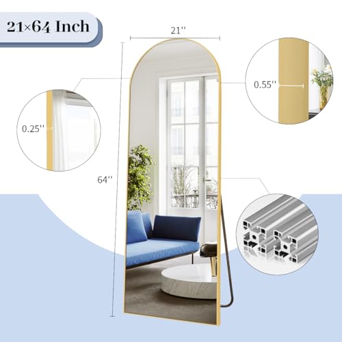 Image of BEAUTYPEAK 64 inchx21 inch Arch Floor Mirror, Full Length Wall Hanging or Leaning Arched-Top Full Body Mirror with Stand for Bedroom, Dressing Room, Gold