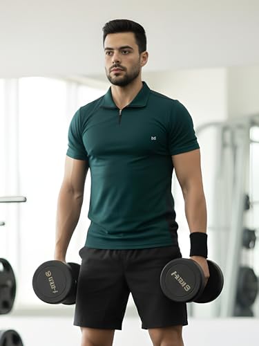 Image of White Moon Dryfit Tshirt for Men, Gym T Shirt for Men Workout - Running with Collar Zipper Neck and Side Panel, Quick-Dry, Anti-Odor Sports Tshirt, Lightweight & Breathable