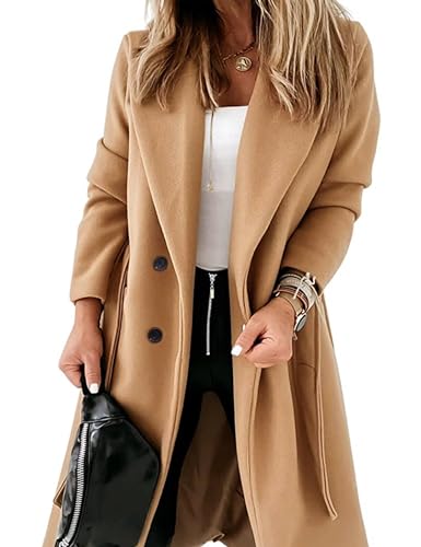 Hooever Women's Double Breasted Wool Blend Coat Winter Notched Lapel Belted Peacoat Mid Long Jacket