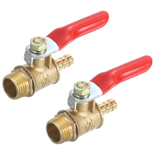 sourcing map 2Pcs Brass Water Mini Ball Valve Shut Off Switch, G1/4" Male x 1/4" Hose Barb, 180 Degree Operation Handle, Brass Valve