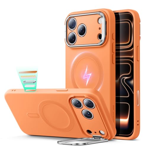 Image of ESR Silicone Case for iPhone 17 Pro, Built-in Camera Stash Stand Compatible with MagSafe, Military-Grade Drop Protection Magnetic Phone Case for iPhone 17 Pro, Cloud Series, Orange