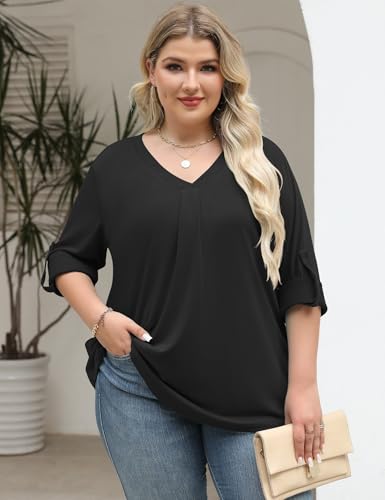 Damen Plus Size Bluse 3/4 Langerm V-Ausschnitt Sommer Tops Locker Tunika Große Größen Shirt Elegant Oberteil (Schwarz,2XL)
