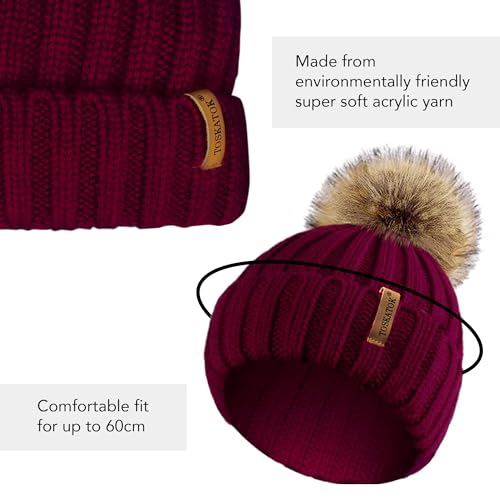 TOSKATOK®Womens Warm Winter Hat Woolly Knitted Beanie with Detachable Chunky Faux Fur Bobble Pom Pom