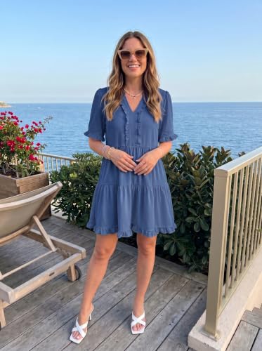 Image of Dokotoo Womens Summer Dresses 2026 V Neck A Line Short Sleeve Casual Ruffle Babydoll Mini Dress