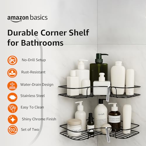 Image of Amazon Basics Modern Wall Mounted Corner Rack for Bathroom | Mild Steel Storage Shelf for Toiletries, Shampoo, Soap & Accessories| Self adhesive | Rust-Resistant, Easy to Clean, Space-Saving Organizer - 27.5 x 27.5 x 6.2 cm, Pack of 2, Black