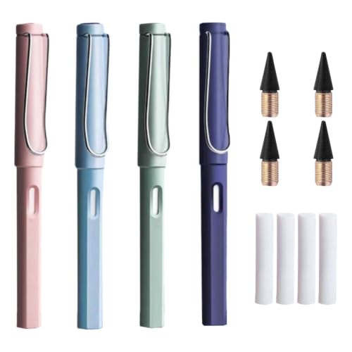 DaiUni 4 Stück Ewiger Bleistift Metall Tintenlose Bleistifte Endloser Bleistift mit Radiergummi mit 4 pcs Wechselkopfm