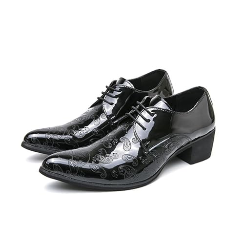 Image of Men's Printing Pointed-Toe Patent Leather Derby Oxford Shoes,Classic Lace-up Low Top Block High Heel Fashion Slip on Prom Business Wedding Dress Shoes