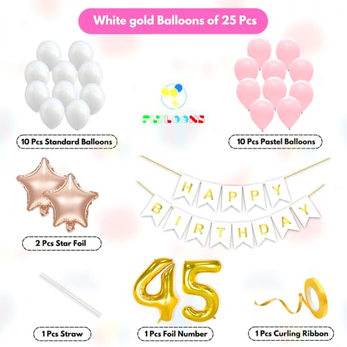 Image of Flyloons 45th Happy Birthday Decoration Kit Pink White for Boys Girls Men Women Adults With 20 Pcs Pastel Balloons Birthday Banner 2 Pcs Star Items Set