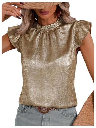 Floerns Women's Metallic Flounce Ruffle Sleeve Tops Round Neck Party Blouse Shirts Gold Medium
