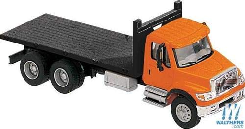 Walthers International 7600 HO Scale Flatbed Truck - Red Cab, 3-Axle, Black Flatbed | Model Truck For Train Layouts
