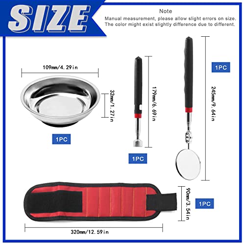 Glarks 4Pcs Magnetic Pickup Tool Set Including Magnetic Parts Tray, Telescoping Inspection Mirror, 10 Lb Magnet Pickup Stick And Magnetic Wristban For Parts Socket Screw Nut Bolt Metal Tool #TOP1