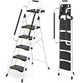 Urackify 5 Step Ladder with Tool Tray, Folding Steel Step Stool with Safety Lock, Anti-Slip Wide Pedals, Pass 800lbs Load Testing, Handrail, Heavy Duty Ladder for Multi-Purpose, Indoor, Office