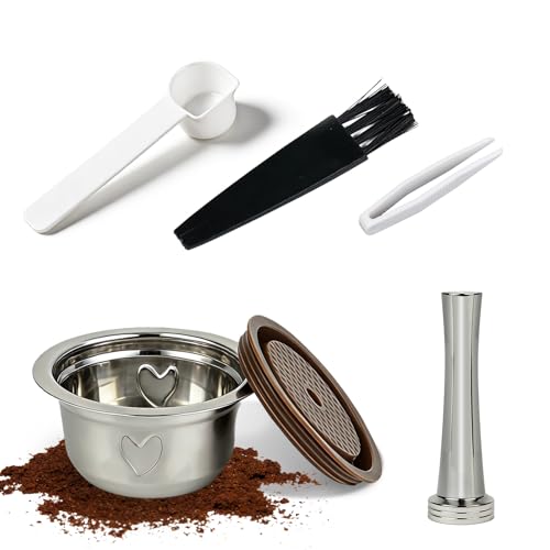 RAWILL Reusable Coffee Pods Kit, 230ml Stainless Steel Coffee Capsule with Silicone Lid, Spoon, Brush, Coffee Tamper, Tweezers, Compatible with Nespresso Vertuo Machines