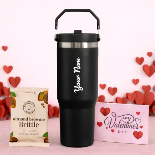 Image of Giftana Valentine's Day Hampers for Gifting with Valentines Card, Personalized Coffee Tumbler Set with Brownie Brittle Gift Set for Men and Women, Valentine's Day Gifts for Family (Black,900ml)