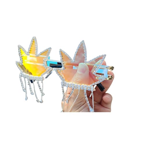 Vintage Punk Rhinestone Sunglasses Men Women Fashion Colorful Rimless Leaf-shaped Crystal Sun Glasses (red C2)2
