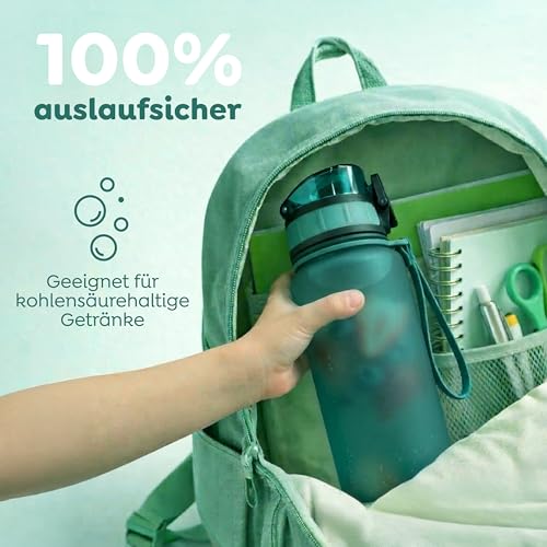 Sweety Fox Trinkflasche Kinder Kohlensäure Geeignet 500ml, Grün - Trinkflasche Sport 100% Auslaufsicher & Wasserflasche Spülmaschinenfest 6
