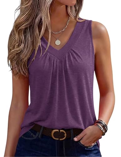 Image of Zeagoo Womens Tank Tops Summer Sleeveless Loose Fit Tops V Neck Pleated Shirts Basic Tees Dressy Casual Trendy Clothes