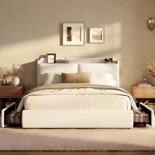 Image of Garvee Chenille Fabric Full Size Bed Frame with 2 Storage Drawers - Beige