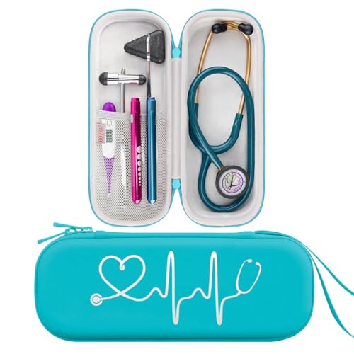 BOVKE Estuche de viaje compatible con estetoscopios 3M Littmann Classic III, Lightweight II S.E, MDF Acoustica Deluxe   espacio extra para tijeras médicas y lámpara led, Esmeralda (Solo Caso)