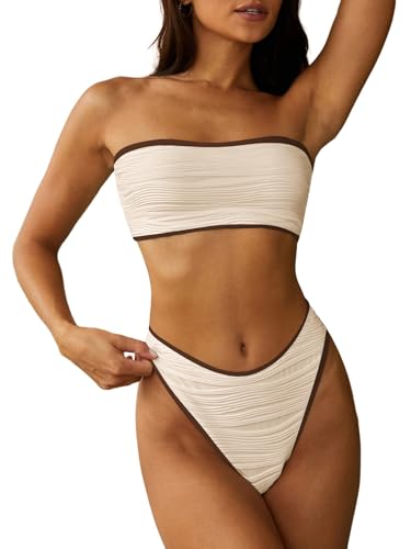 Image of ZAFUL Women Strapless Textured Bandeau Bikini 2 Piece Swimwear Cheeky Solid Lace up Bathing Suits