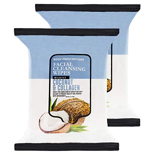 Body Prescriptions 2 Pack (30 Count Each) Coconut and Collagen Facial Cleansing and Gentle Make Up Remover Wipes