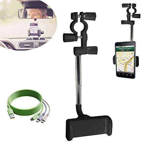 360 Degrees Rotating Car Phone Holder,New 360 Rearview Mirror Phone Holder Rear View Mirror Car Phone Bracket Universal Car Phone Holder with Mobile Phone Charging Cable Black