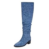 Modatope Denim Knee High Boots for Women Chunky Heel Tall Boots for Women Slouchy Thigh High Boots Womens Over the Knee Boots Size 6