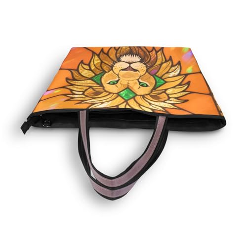 silk fabric zippered tote bag trendy tote handbags for women for Everyday & Travel (Golden Glass Lion) L4